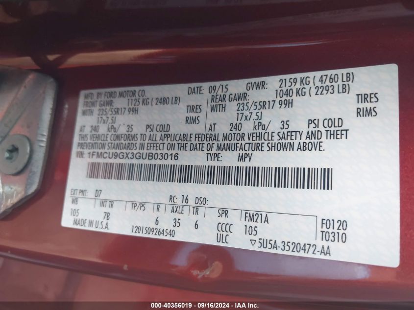 2016 FORD ESCAPE SE - 1FMCU9GX3GUB03016