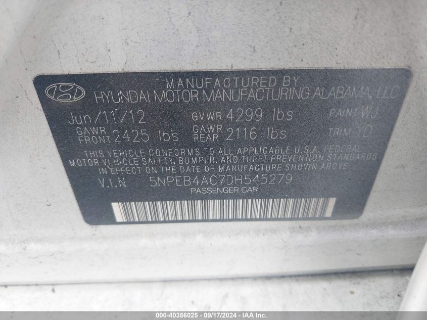 5NPEB4AC7DH545279 2013 Hyundai Sonata Gls