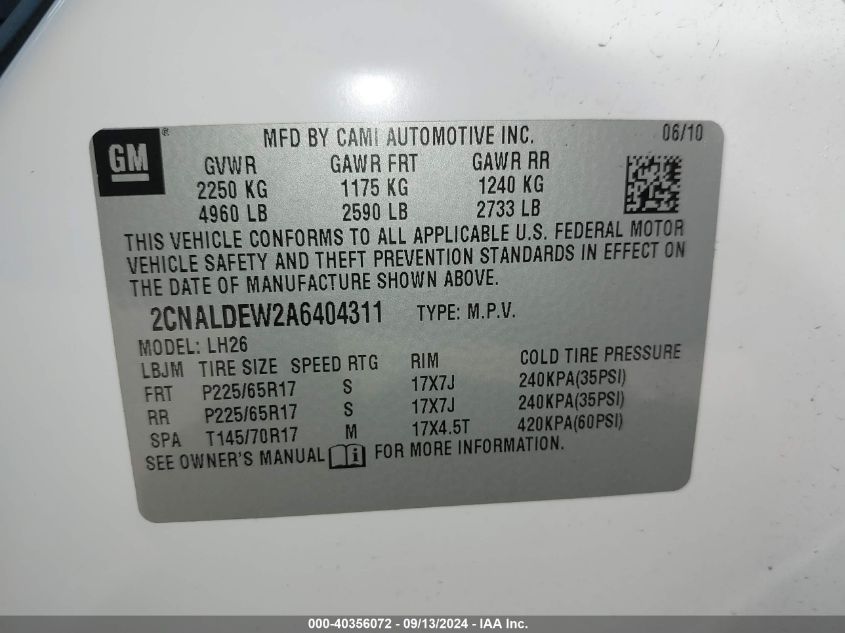 2010 Chevrolet Equinox Lt VIN: 2CNALDEW2A6404311 Lot: 40356072