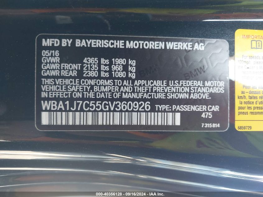 2016 BMW M235I VIN: WBA1J7C55GV360926 Lot: 40356128