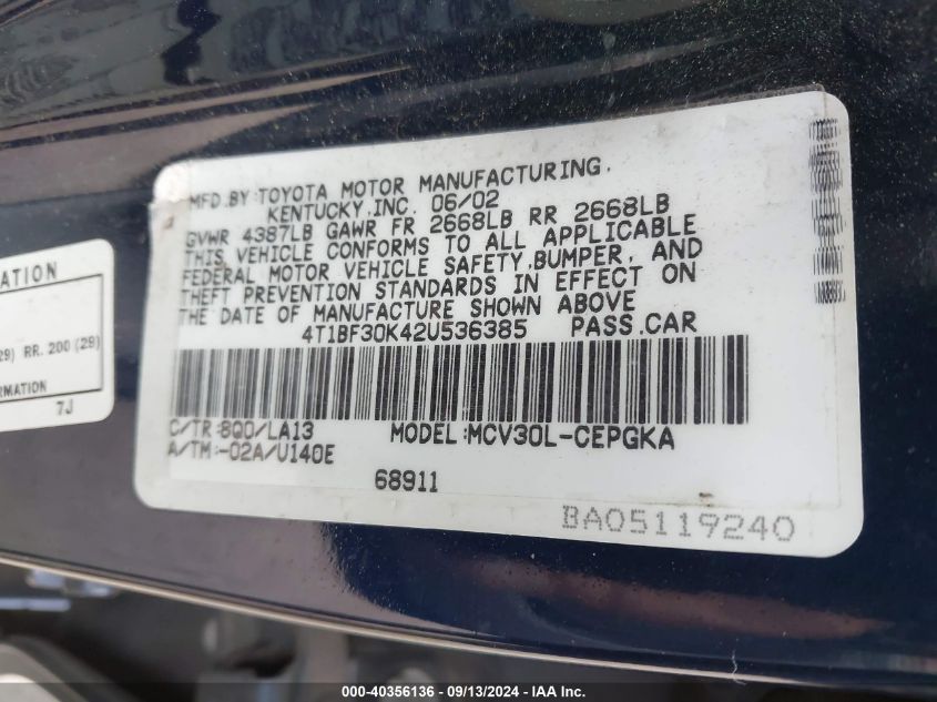 4T1BF30K42U536385 2002 Toyota Camry Xle V6