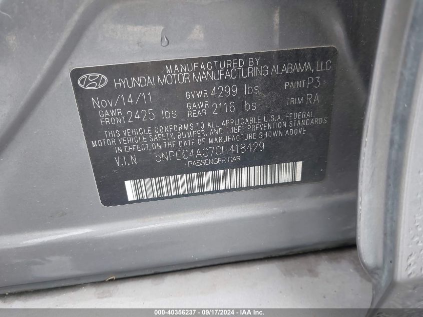 5NPEC4AC7CH418429 2012 Hyundai Sonata Se