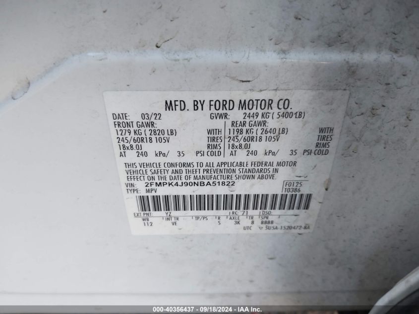 2022 Ford Edge Sel VIN: 2FMPK4J90NBA51822 Lot: 40356437