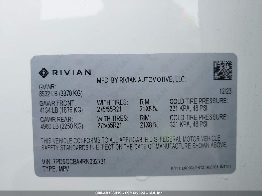 2024 Rivian R1S Adventure Dual Motor Max Pack/Adventure Dual Motor Perf Max Pack VIN: 7PDSGCBA4RN032731 Lot: 40356439