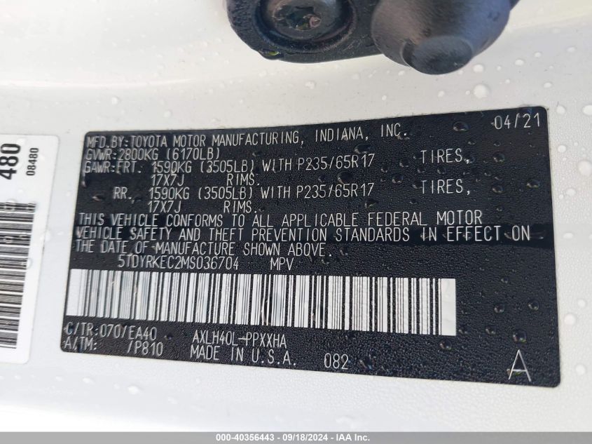 5TDYRKEC2MS036704 2021 Toyota Sienna Xle