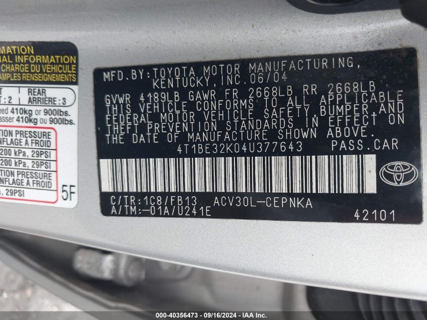 4T1BE32K04U377643 2004 Toyota Camry Le