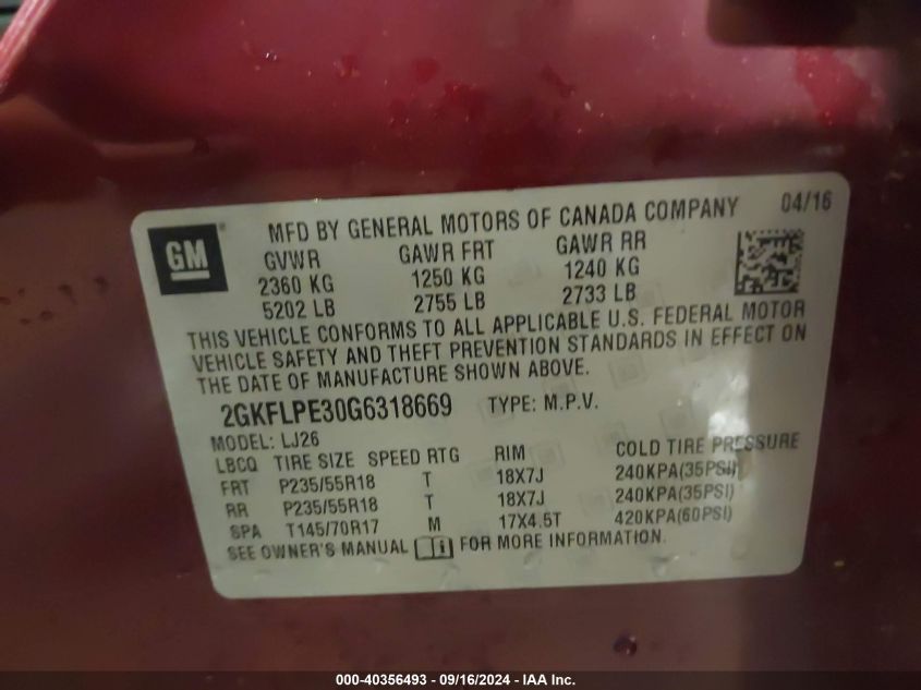 2GKFLPE30G6318669 2016 GMC Terrain Slt