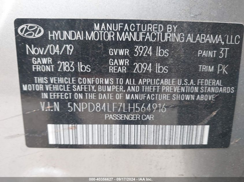 2020 Hyundai Elantra Sel/Value/Limited VIN: 5NPD84LF7LH564916 Lot: 40356627