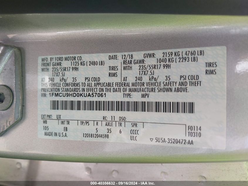 VIN 1FMCU9HD0KUA57061 2019 FORD ESCAPE no.9