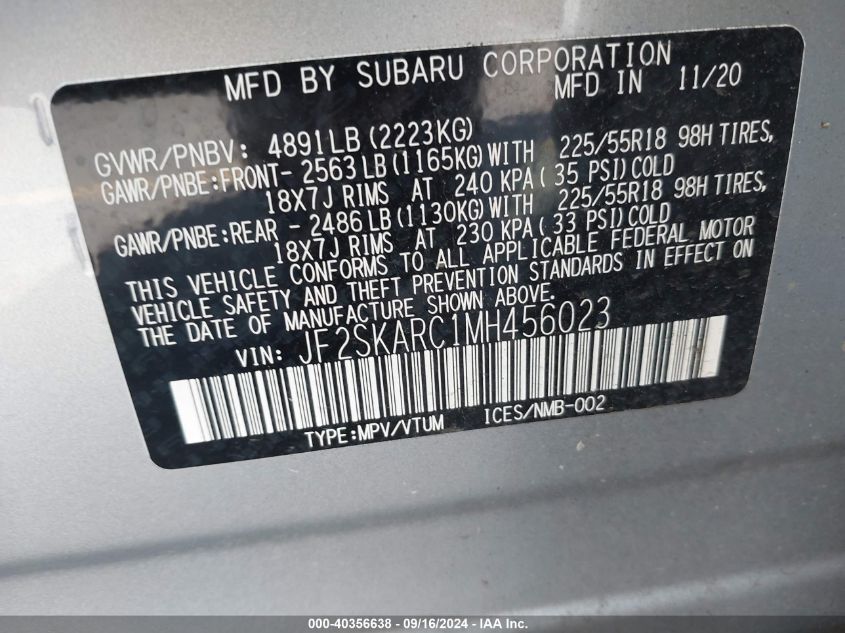 2021 Subaru Forester Sport VIN: JF2SKARC1MH456023 Lot: 40356638