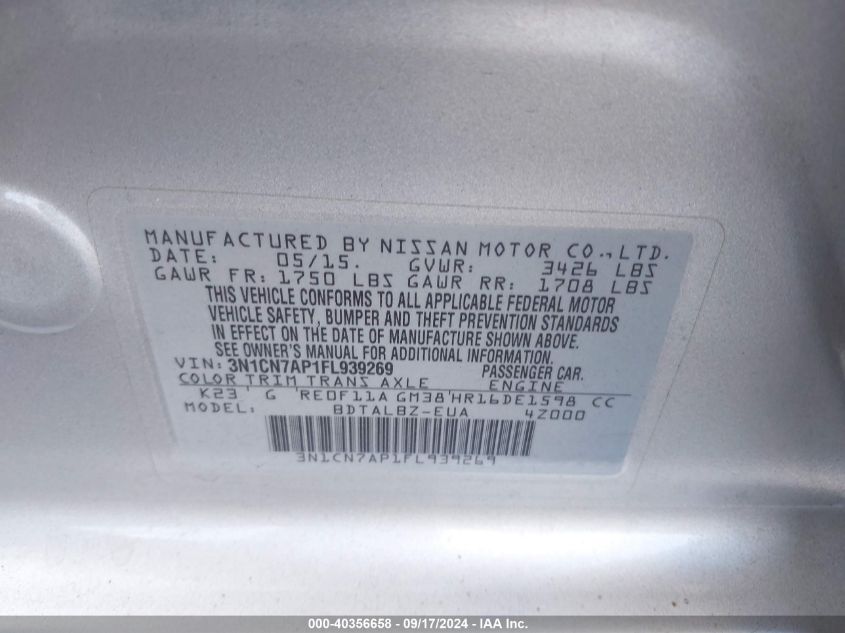 3N1CN7AP1FL939269 2015 Nissan Versa 1.6 Sv