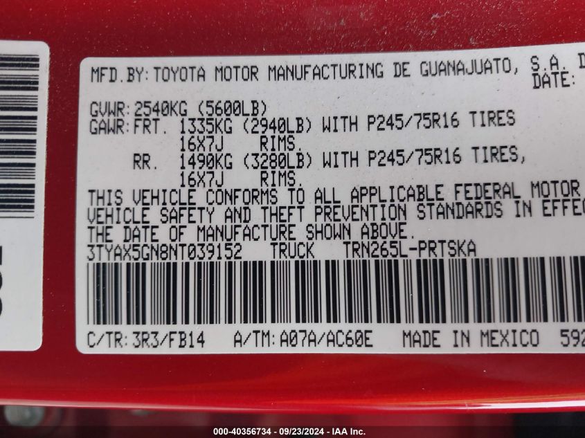 3TYAX5GN8NT039152 2022 Toyota Tacoma Sr