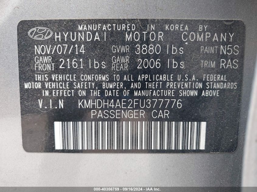 2015 Hyundai Elantra Se VIN: KMHDH4AE2FU377776 Lot: 40356759