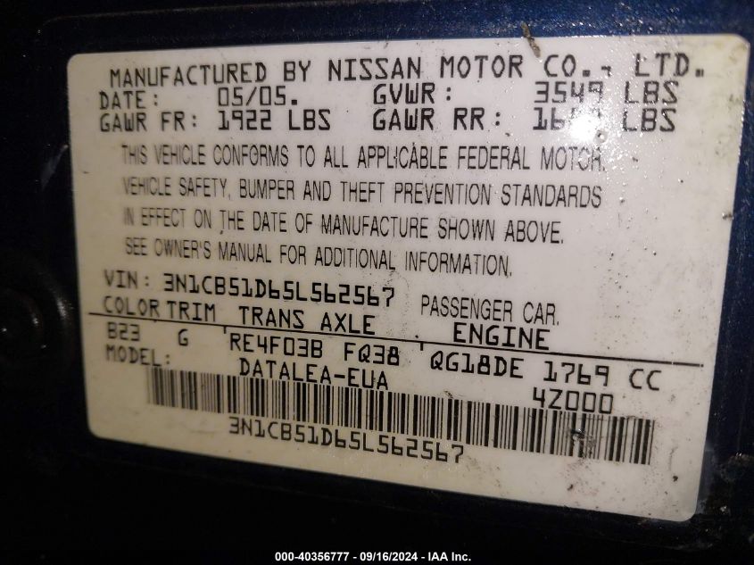 3N1CB51D65L562567 2005 Nissan Sentra 1.8S