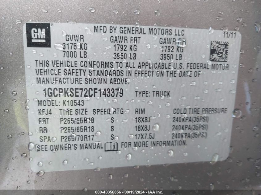 1GCPKSE72CF143379 2012 Chevrolet Silverado 1500 Lt