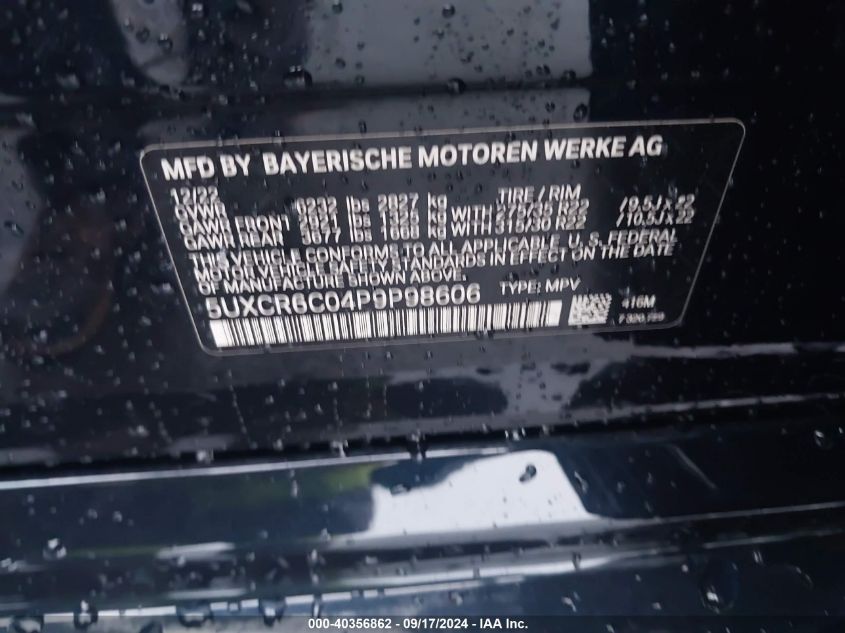 2023 BMW X5 xDrive40I VIN: 5UXCR6C04P9P98606 Lot: 40356862