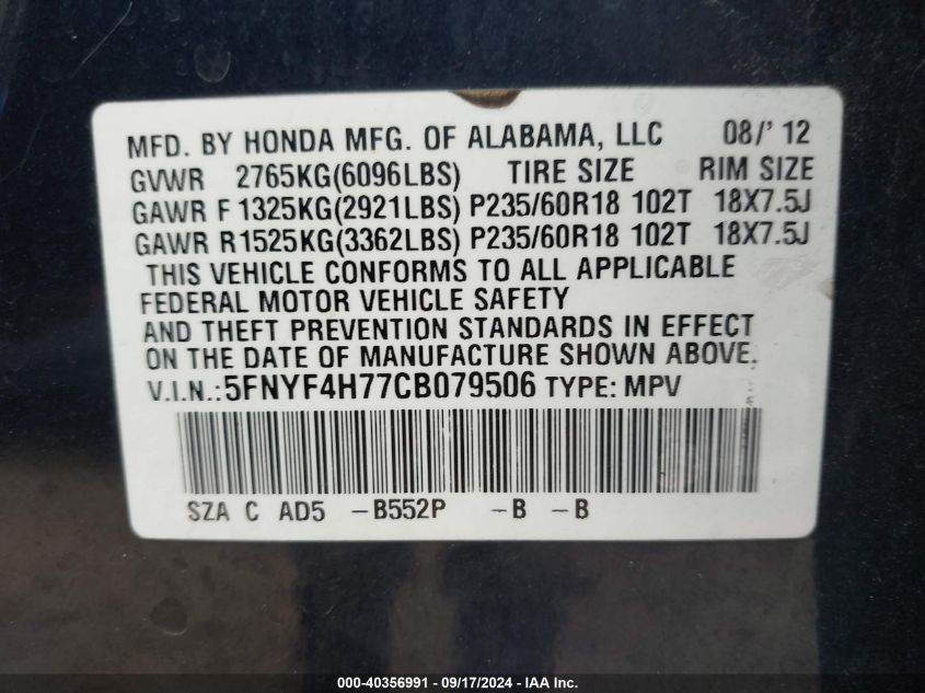 2012 Honda Pilot Ex-L VIN: 5FNYF4H77CB079506 Lot: 40356991