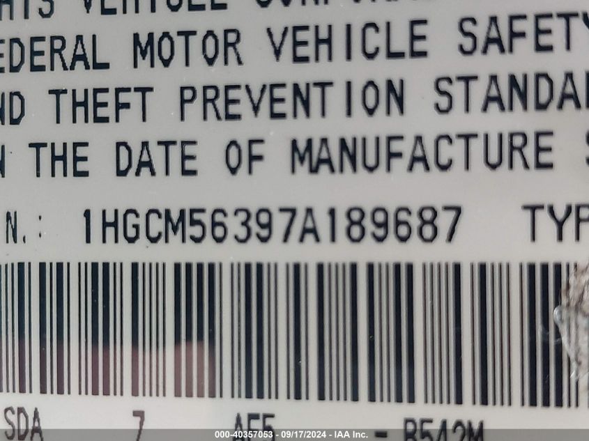 2007 Honda Accord 2.4 Se VIN: 1HGCM56397A189687 Lot: 40357053