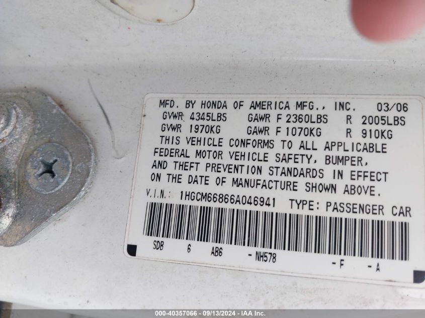 2006 Honda Accord 3.0 Ex VIN: 1HGCM66866A046941 Lot: 40357066