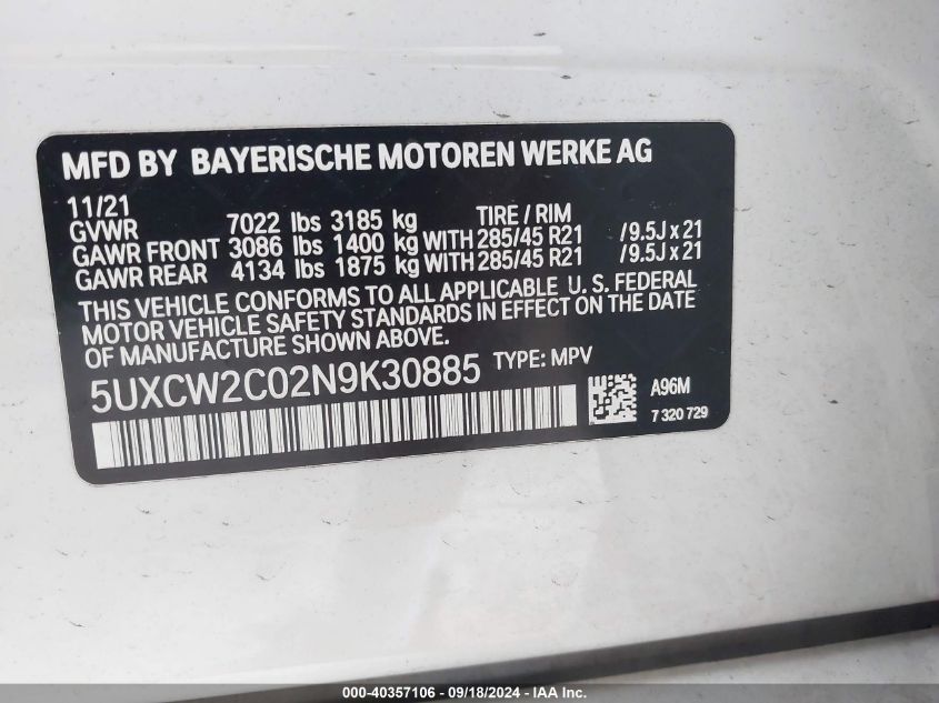 2022 BMW X7 xDrive40I VIN: 5UXCW2C02N9K30885 Lot: 40357106