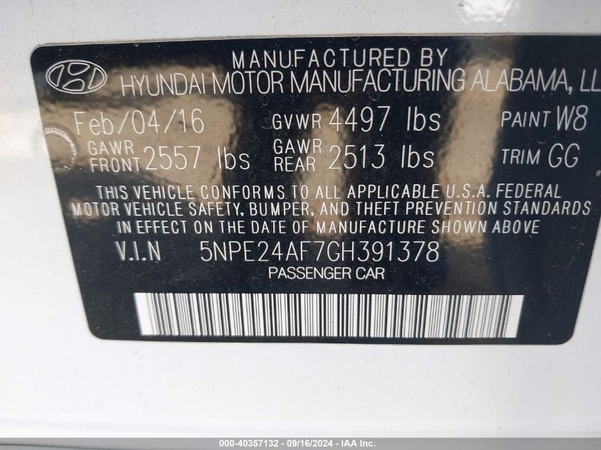 5NPE24AF7GH391378 2016 Hyundai Sonata Se