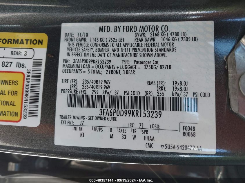 2019 FORD FUSION TITANIUM - 3FA6P0D99KR153239