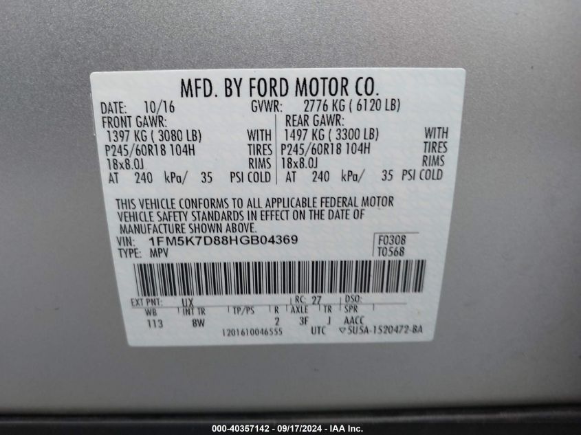 VIN 1FM5K7D88HGB04369 2017 Ford Explorer, Xlt no.9