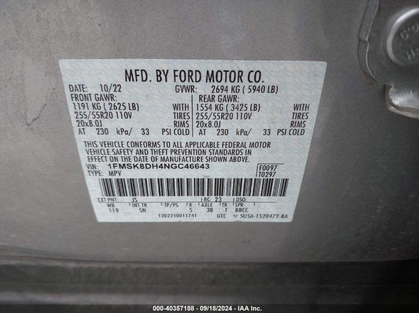 2022 Ford Explorer Xlt VIN: 1FMSK8DH4NGC46643 Lot: 40357188