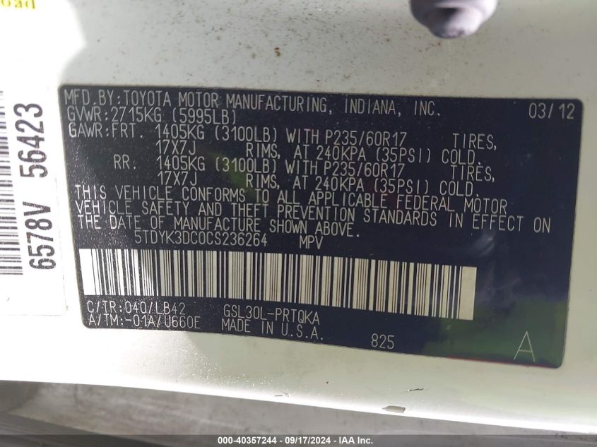 5TDYK3DC0CS236264 2012 Toyota Sienna Xle V6 8 Passenger