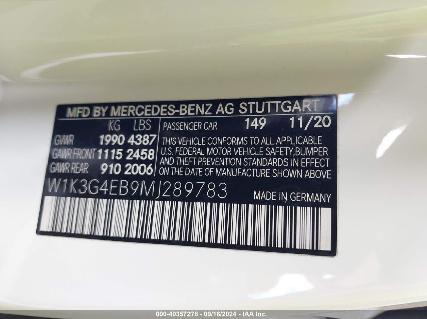 VIN W1K3G4EB9MJ289783 2021 Mercedes-Benz A 220 no.9