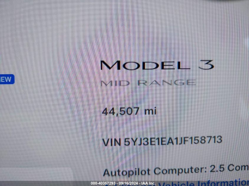 2018 Tesla Model 3 VIN: 5YJ3E1EA1JF158713 Lot: 40357293