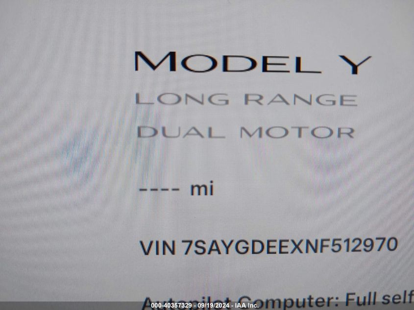 2022 Tesla Model Y Long Range Dual Motor All-Wheel Drive VIN: 7SAYGDEEXNF512970 Lot: 40357329