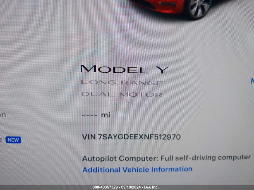 2022 Tesla Model Y Long Range Dual Motor All-Wheel Drive VIN: 7SAYGDEEXNF512970 Lot: 40357329