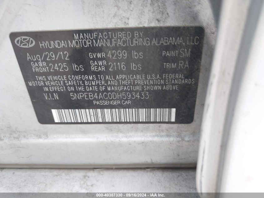 5NPEB4AC0DH593433 2013 Hyundai Sonata Gls