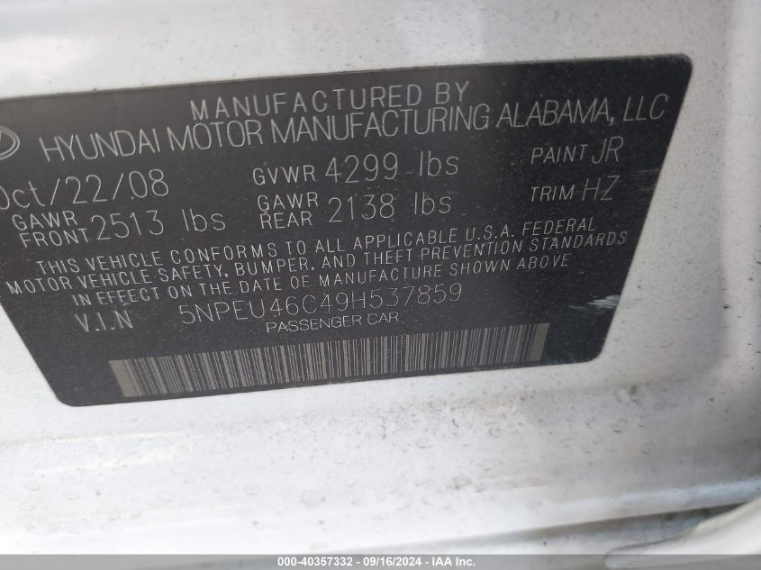 5NPEU46C49H537859 2009 Hyundai Sonata Se