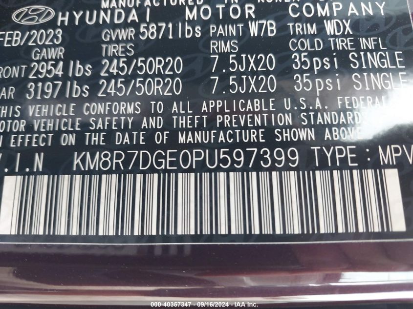 2023 Hyundai Palisade Calligraphy VIN: KM8R7DGE0PU597399 Lot: 40357347