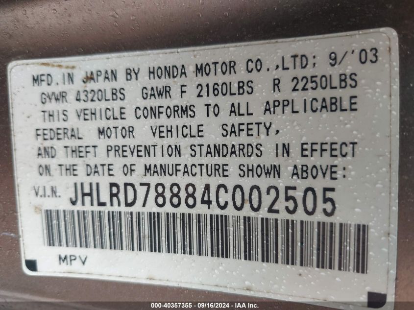 2004 Honda Cr-V Ex VIN: JHLRD78884C002505 Lot: 40357355