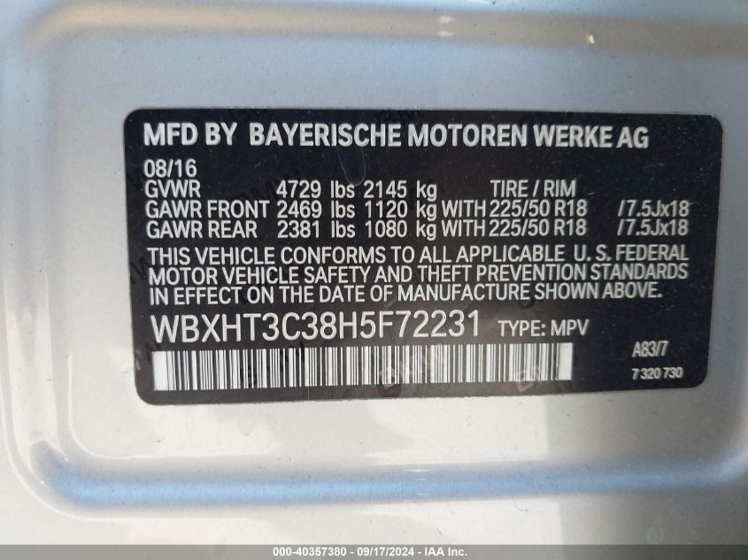 WBXHT3C38H5F72231 2017 BMW X1 xDrive28I