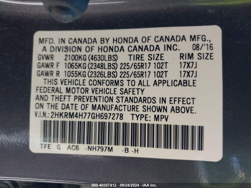 2HKRM4H77GH697278 2016 Honda Cr-V Ex-L