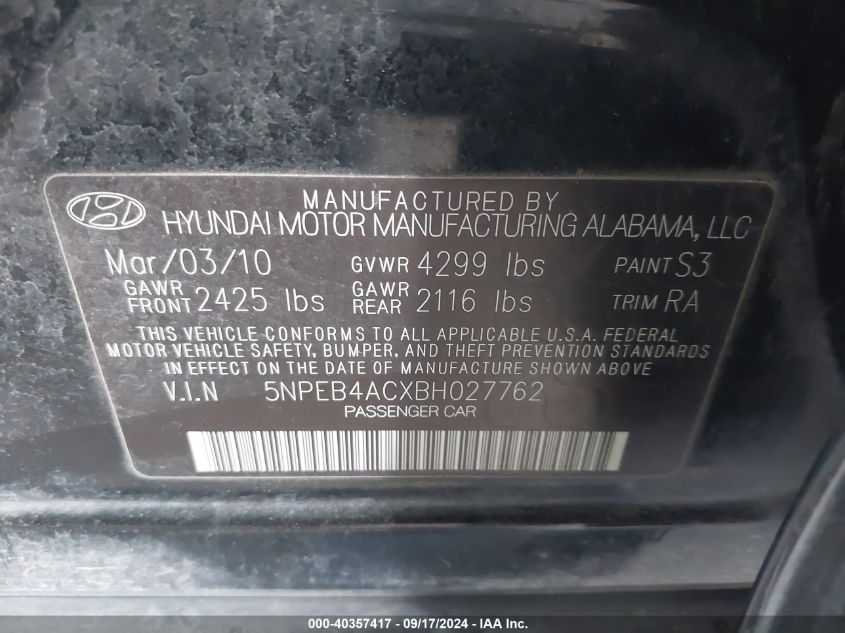 5NPEB4ACXBH027762 2011 Hyundai Sonata Gls