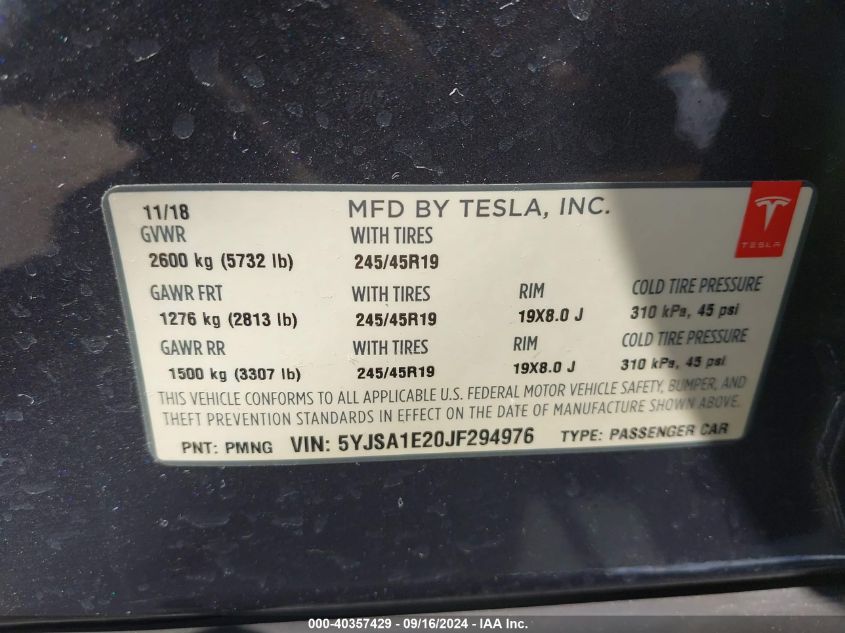 5YJSA1E20JF294976 2018 Tesla Model S 100D/75D/P100D