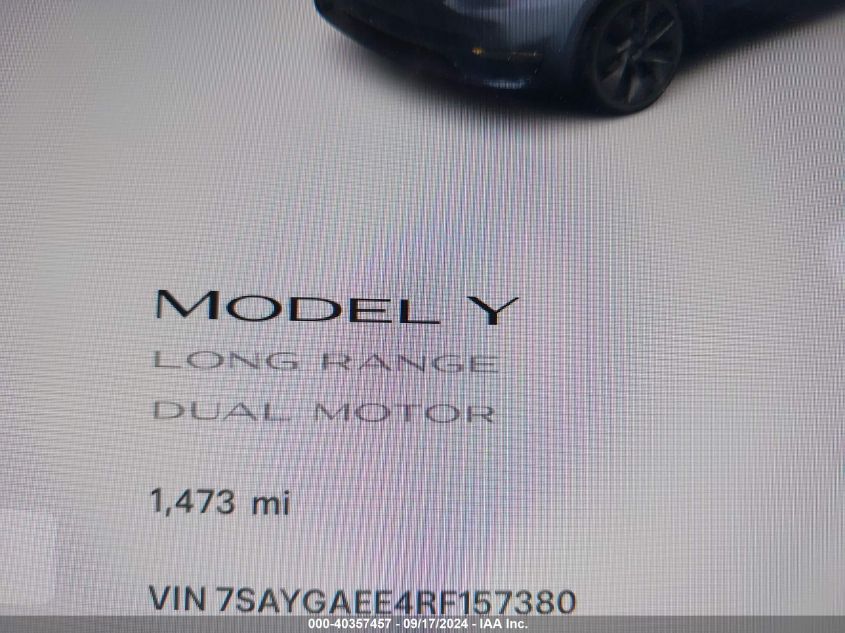 2024 Tesla Model Y Long Range Dual Motor All-Wheel Drive VIN: 7SAYGAEE4RF157380 Lot: 40357457