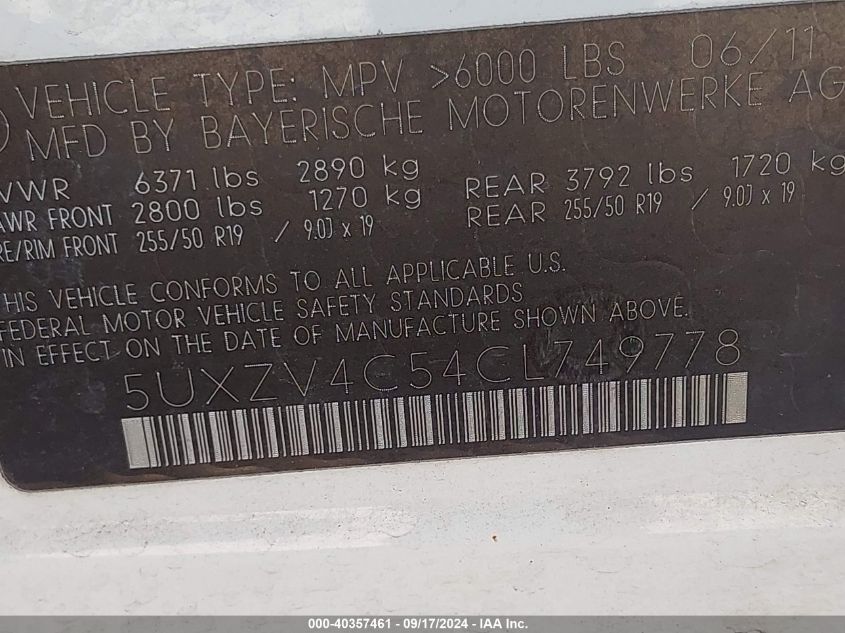 5UXZV4C54CL749778 2012 BMW X5