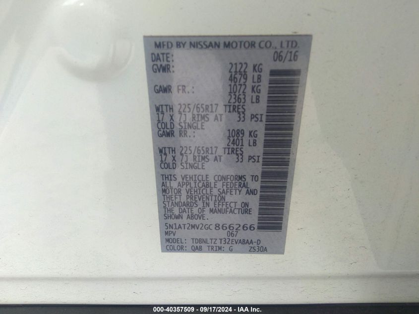 2016 Nissan Rogue Sv VIN: 5N1AT2MV2GC866266 Lot: 40357509