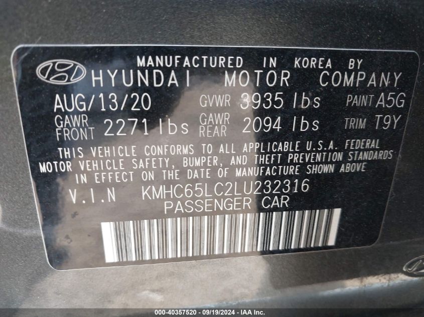 KMHC65LC2LU232316 2020 Hyundai Ioniq Hybrid Blue