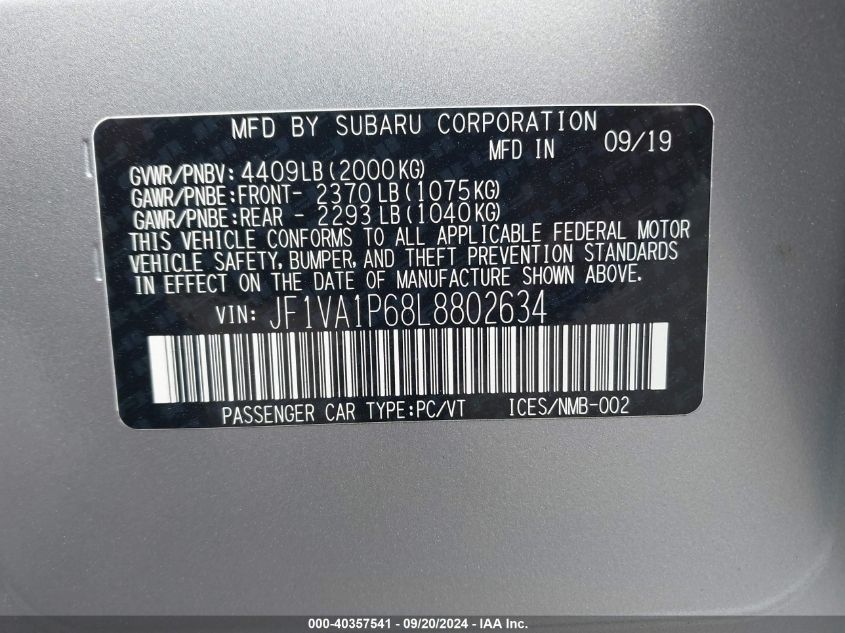 JF1VA1P68L8802634 2020 Subaru Wrx Limited