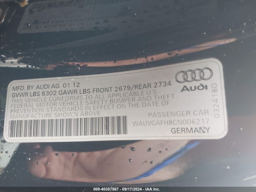 2012 Audi S5 3.0 Premium Plus VIN: WAUVGAFH8CN006217 Lot: 40357567