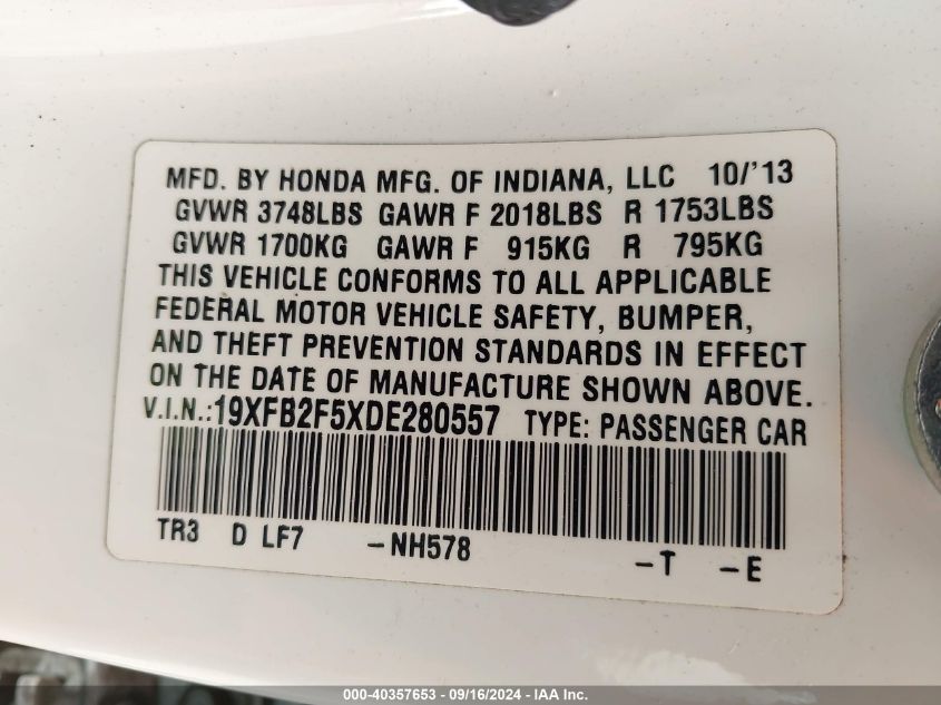 2013 Honda Civic Lx VIN: 19XFB2F5XDE280557 Lot: 40357653