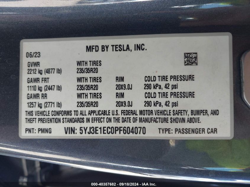 2023 Tesla Model 3 Performance Dual Motor All-Wheel Drive VIN: 5YJ3E1EC0PF604070 Lot: 40357682