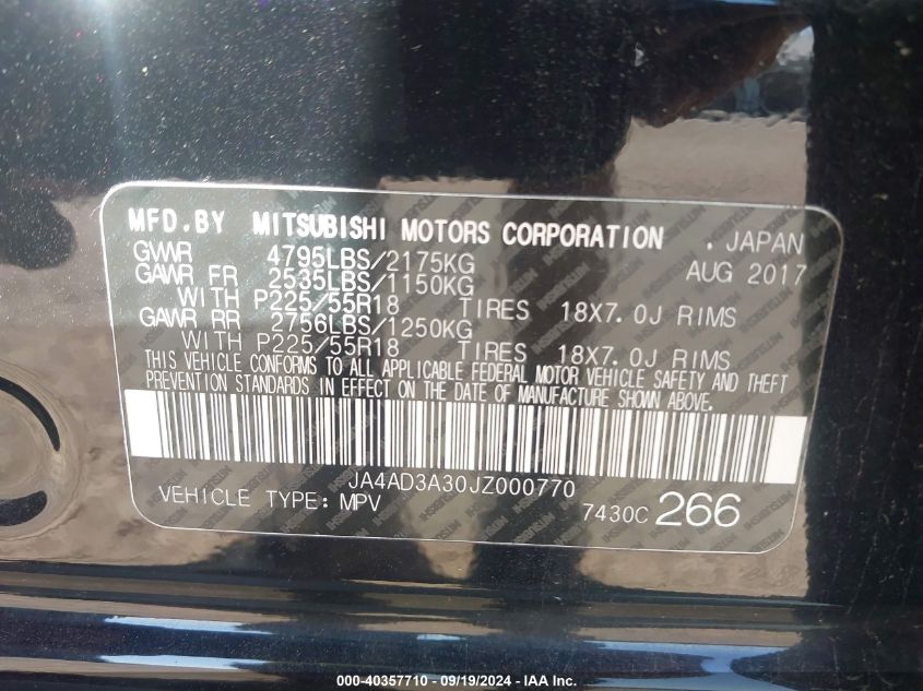 2018 Mitsubishi Outlander Se VIN: JA4AD3A30JZ000770 Lot: 40357710